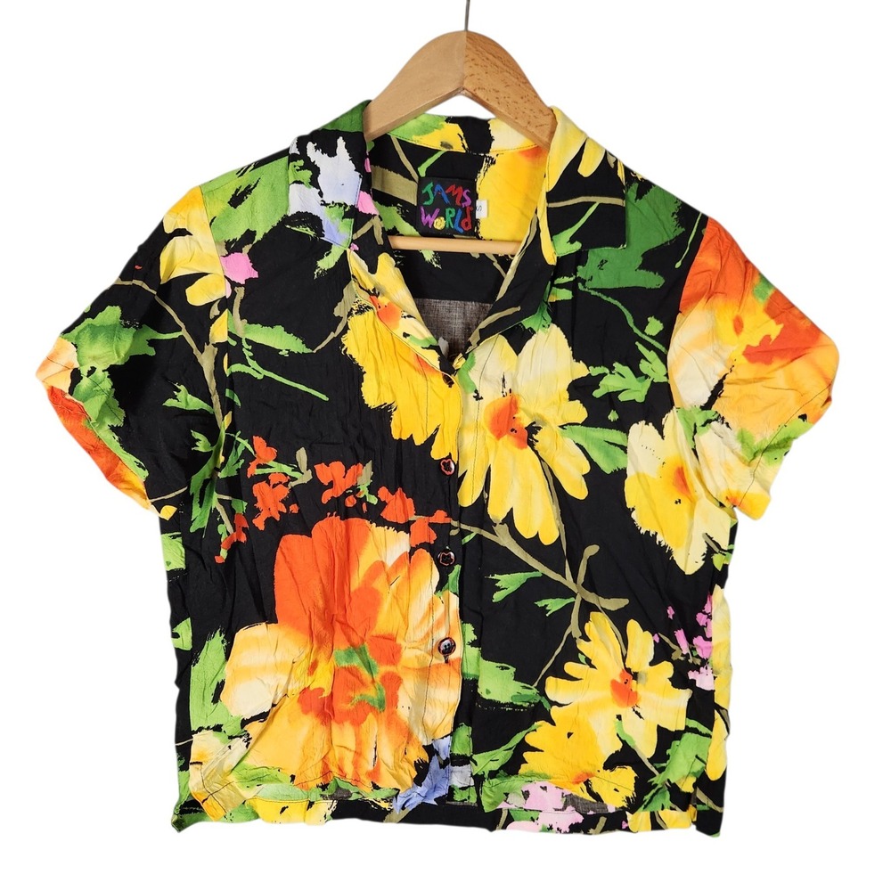 Jams World Button Down Shirt Women's S Black Flora Grande Floral Hawaiian Retro